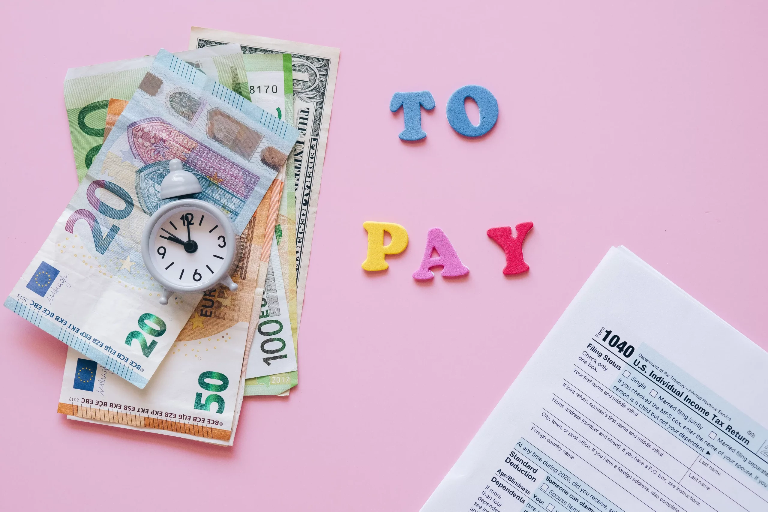 Illustration of money, tax documents, and financial paperwork representing international employee payroll, overseas salary payments, tax compliance, and cross-border workforce management.